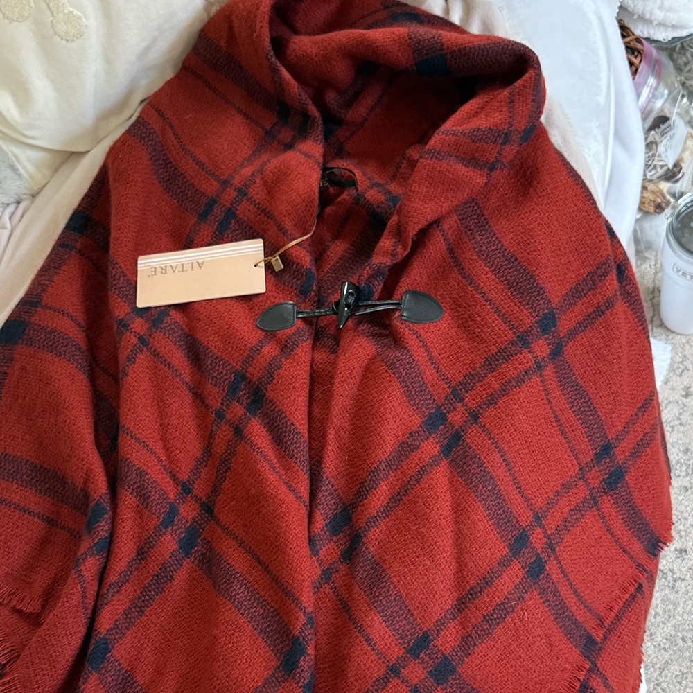 New - tag attached!Altare dark orange Black Plaid Poncho- one size fits all